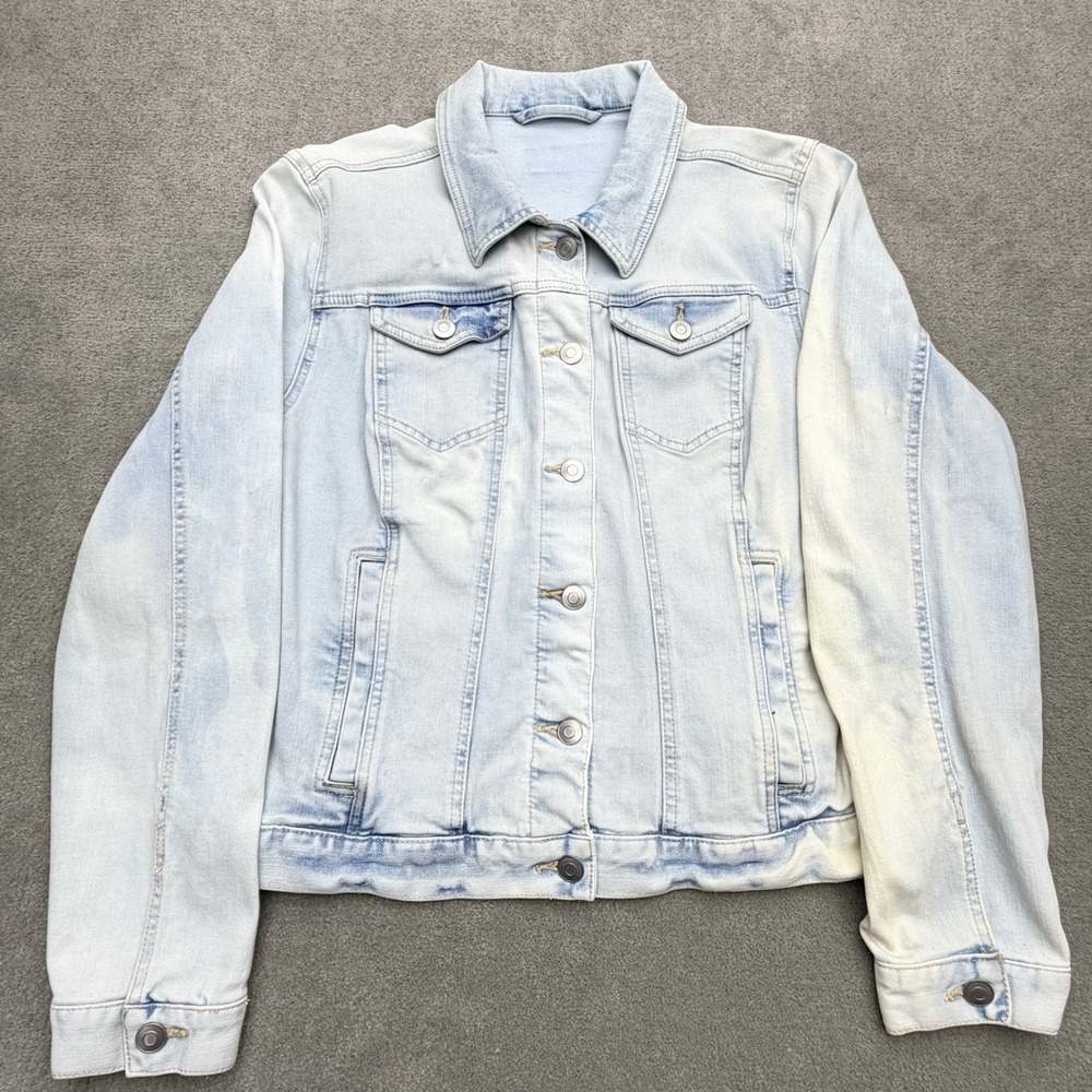 Womens Light Wash Denim Trucker Jacket XL 16-18 Distressed Faded Stretch Jean